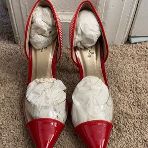 Red and white striped qupid heels